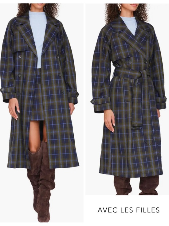 Avec Les Filles Jackets & Blazers - Avec Les Filles Double-Breasted Trench Coat Navy Plaid Large NWT
